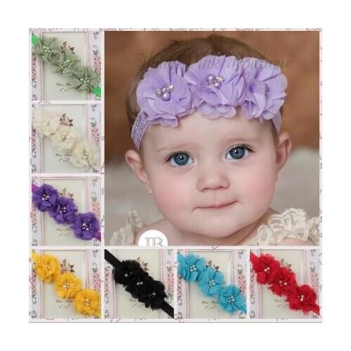 YH431 Newborn Headwear Baby Infant Flower Headband Baby Chiffon Paerl Rhinestone Flower Elastic Bands Hair Accessories