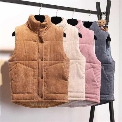 2019 Autumn Winter Women Corduroy Down Cotton Vest Lady Short Paragraph Girl Sleeveless Cotton Jacket Outwear Big Size WZ1005