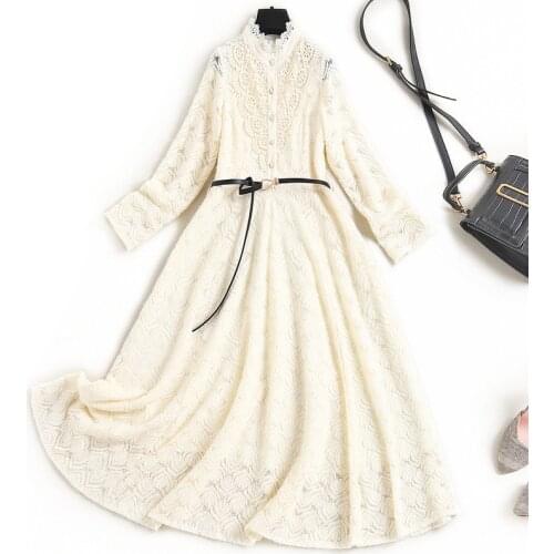 Women designer fashion hollow out floral black lace dress new 2021 spring summer knee length long sleeve white birthday dresses