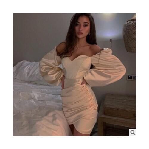 Spring New Women Lantern Sleeve Solid Color Dress Ladies Female Stylish Dress for Party Gathering Bangdage