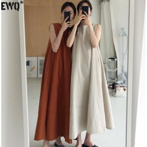 [EWQ] Summer 2021 Dress Chic Loose Swing Sleeveless Mid-length Cotton Linen Long Dress Sleeveless High Waist Women Runway Dress