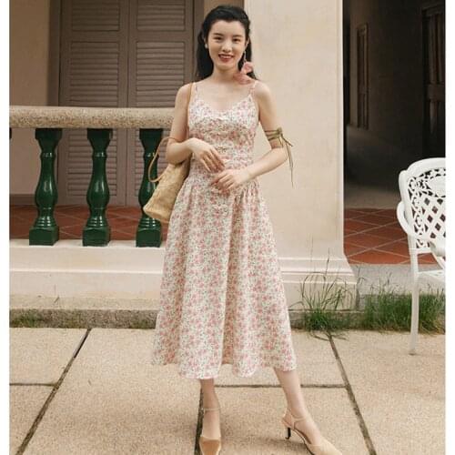 Summer Floral V-neck Robe Femme Party Sexy Romantic Vintage Spaghetti Strap Dress French Retro Fairy Dress Vestido
