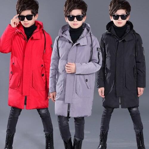 Winter Teen Boys Duck Down Jackets Thicken Warm Children Kids Overcoats Hooded Casual Zipper Kids Long Outerwear Coats 6-15T