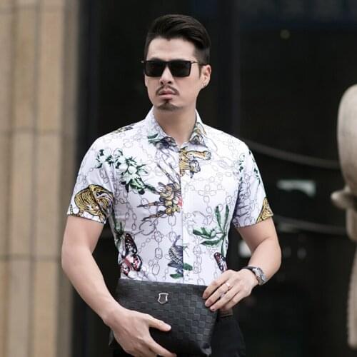 7xl Stretch Cotton Shirts Mens Chain Printed Shirts White Summer Hawaii Mens Clothing In Very Large Sizes Unusual Designer Tops