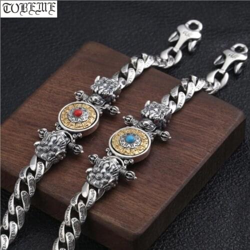 Real 925 Silver Bracelet Thai Silver Legend Beast Taotie Bracelet Vintage Buddhist Nine Direction Eight Symbols Man Bracelet