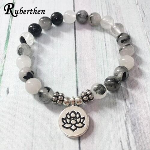 Ruberthen Genuine Rutilated Quartz Bracelet High Quality Men`s Bracelet Depression Anxiety Relief Wrist Mala Beads Jewelry