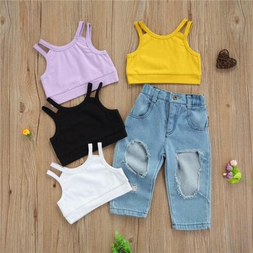 Baby 2 Piece Set Fashion Solid Color Camisole + High-waisted Ripped Jeans Sexy Navel Summer Clothing for Girls 1-7 Years