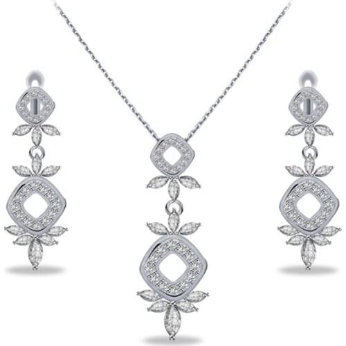 Kfvanfi Romantic White Gold Color Brass White CZ Stone Jewelry Sets Dangle Earrings Necklace Pendant Jewellery Sets For Women