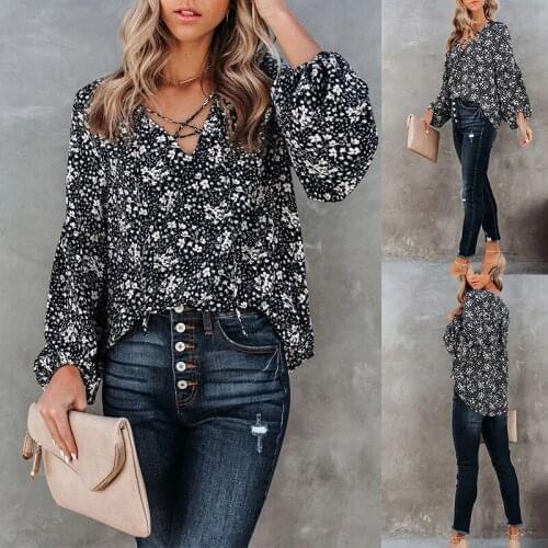 Summer Womens Blouse Fashion Loose V-neck Floral Long Sleeve Shirts 2021 New Arrival Casual Elegant Women Streetwear Tops