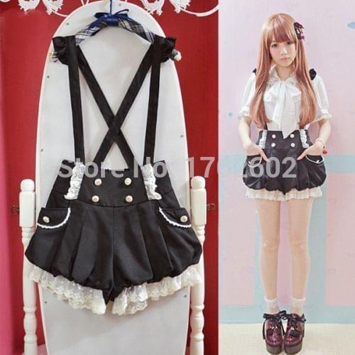 Kawaii Girls Lolita Suspender Lace Pumpkin Shorts Cute Lantern Pants Jumpsuits Rompers Pink&Black