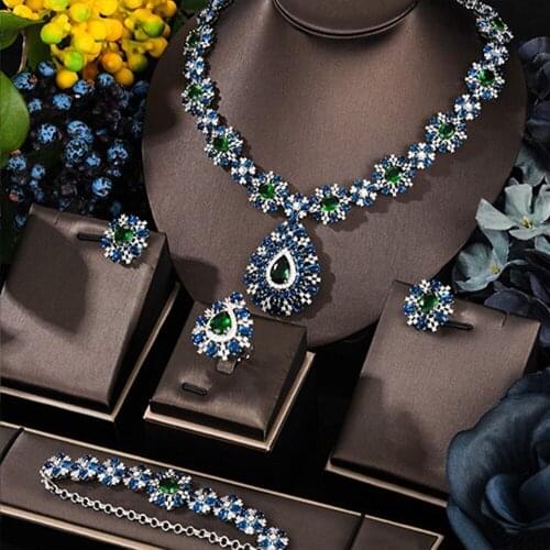 Blachette Trendy Emeralds Romantic Sweet Necklace Earring Bangle Ring 4PCS for Women Wedding Banquet Indian Bridal Jewelry Gift