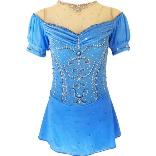 Blue Figure Skating Dress Womens Girls' Ice Skating Dress Khaki Open Back Spandex High Elasticity Training Skating