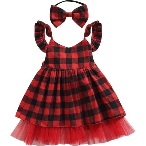 1-4Years Girls Casual Two-piece Clothes Set Red Plaid Printed Pattern Sleeveless Dress and Headdress