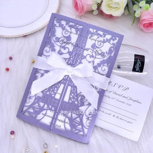 Violet Laser Cut Wedding Invitation with Ribbon 20+Color Custom Paris Tower Quinceanera Invitations Sweet Sixteen Invites with E