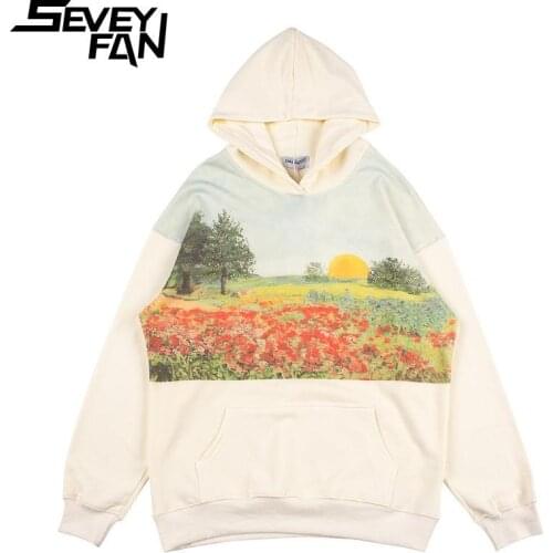 SEVEYFAN Mens Hip Hop Flower Field Canvas Printed Sweatshirt Hoodie Streetwear Oversize Pullover Sweatshirt for Male