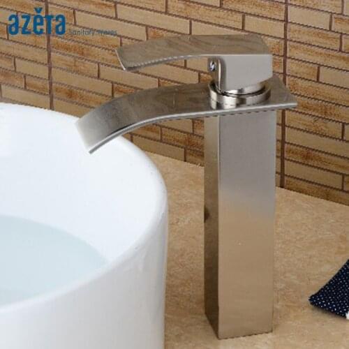 Hot Sales Square Waterfall Tall Basin Faucet Bathroom Deck Mounted Brass Material Brushed Nickel Basin Mixer Tap AT3306HBN