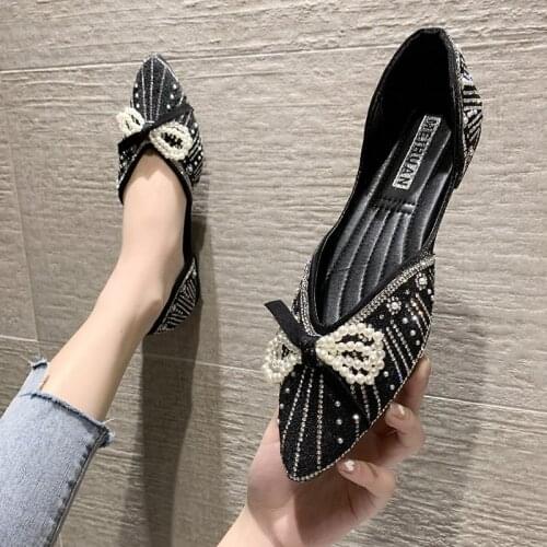 All-Match Pointed Shallow Mouth Large Size Womens Shoes Spring And Autumn Fashion Rhinestone Sweet Bow Comfortable Flat Shoes