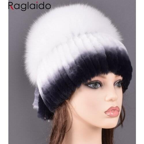 Winter Hat Women Natural Fur Rex Rabbit Fox Pompom Tails Beanie Hats Knitted Cap