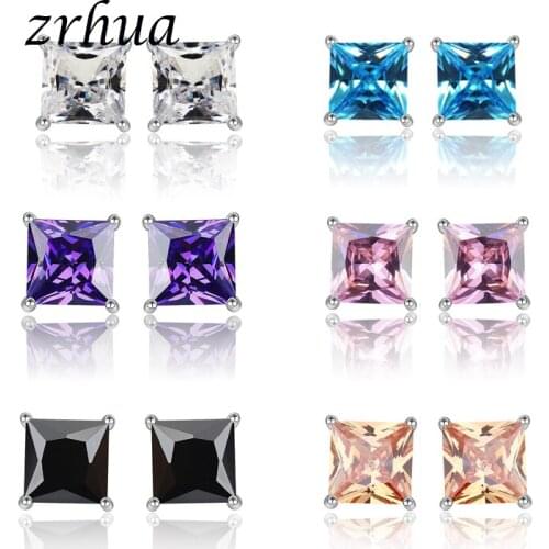 ZRHUA 925 Sterling Silver High Quality Stud Earrings Jewelry Women Accessories Square Vintage Chic Cubic Zircon 4 Claws 8 Colors