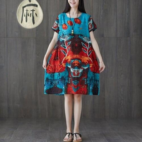 Women Summer Cotton Linen Casual Dress New Arrival 2021 Vintage Print Loose Comfortable Female Knee-length A-line Dresses B451