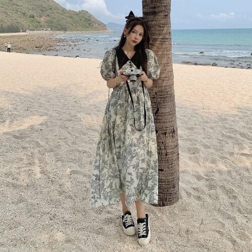 Plus Size Women Summer Chiffon Maxi Dress Puff Sleeve Beach Style Vintage 4xl Vestidos Elegantes Retro Ladies Dresses Loose