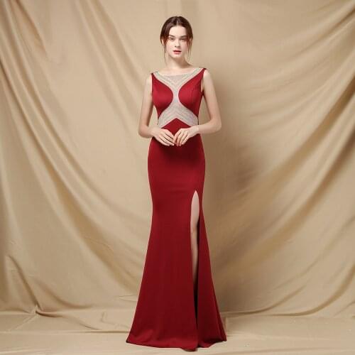 Illusion Halter Crystal Mermaid Evening Dress Long Side Split Bridal Gowns For Women Sexy Lace Criss-Cross O Neck Robe De Soriee