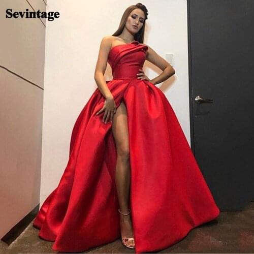 Sevintage Sexy Red High Slit Prom Dresses A Line Draped Long Evening Party Gowns Custom Made Women Formal Dress Plus Size 2021