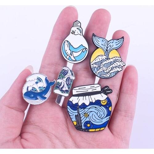 DIY Whale Ocean Wave Badges On Clothes Travel Metal Pins On Bag Backpack Icon Lapel Pin Badges Van Gogh Badge Accessories DIY