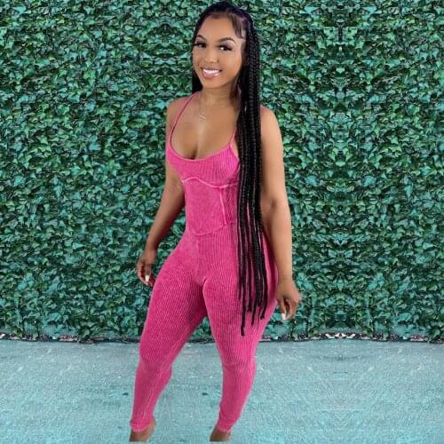 2021 Strap Women Ribbd Spaghetti Strap Jumpsuit Sexy Streetwear Fitness Sportswear Summer Lounge Wear Outfits Summer Clothes