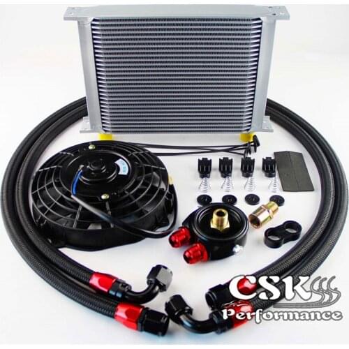 28 Row 10AN Racing Oil Cooler w/ Filter Adapter Fuel Hose + 7" Electric Fan Kit