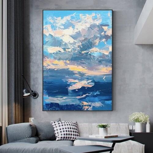 Abstract Landscape Blue Sky Clouds Canvas Painting Scandinavian Wall Art Poster Pictures Nordic Living Room Bedroom Decoration