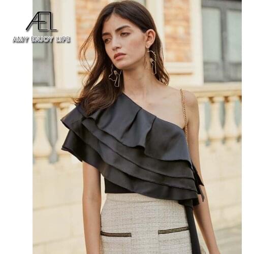 AEL summer womens blouse new 2020 multi-storey Ruffle one shoulder fly sleeve lady Crop top yellow and black