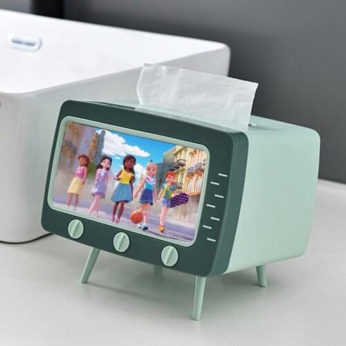 Home Tv Shape Tissue Box Multi Function Desktop Napkin Holder Case Mobile Phone Viewing Bracket Living Room Storage Box