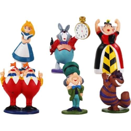 6Pcs/Set 5-7cm Disney Princess Figure Toys Alice in the Wonderland Red Queen White Rabbit Mad Hatter Cheshire Cat PVC Model Doll