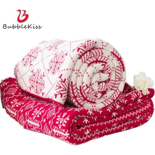 Bubble Kiss Cotton Blankets Swaddle Wrap Blankets Super Soft Warm Knitted Blanket Home Fashion Red Snowflake Pattern Decorations