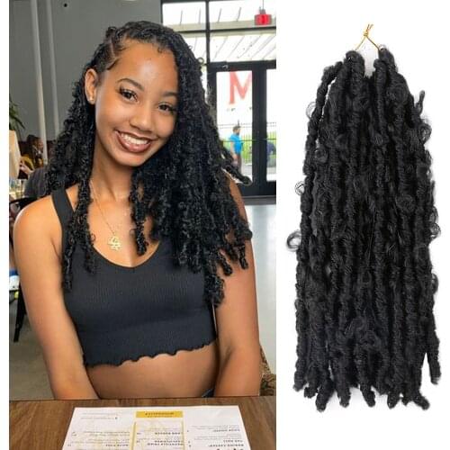 CLong Butterfly Locs Faux Locs Synthetic Crochet Hair Extensions Curly Braiding Hair Pre Stretched 14 Inches 80g Black Braids