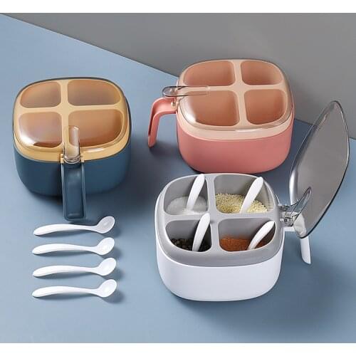 4 Grids Salt Pepper Seasoning Box Transparent Lid Spice Jar Chili Powder Sugar Bowl Condiments Storage Container Kitchen Gadgets