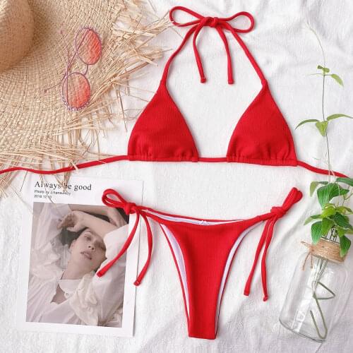 Ribbed triangle bikini set Halter womens swimsuit solid Female swimwear Brazilian sexy bikini 2021 High cut string bathing suit