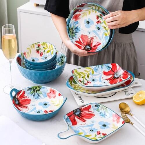 LingAo Creative INS web celebrity underglaze hand-painted tableware ceramic rice, soup bowl, plate set