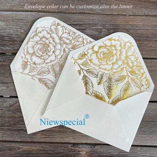 Customizable Rectangle Envelope with Gold/Champagne Gold foil Floral Liner