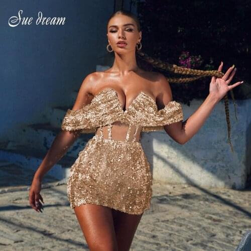 2021 New Sexy Ladies Party Dress V-neck Off Shoulder Backless Sequined Perspective Club Wear Women Shiny Mini Dress Vestidos