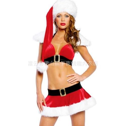 Sexy Deep V Neck Christmas Dress Vestito Babbo Natale Donna Top+Dress+Hat 3 Pieces Costums Of Woman Girls Costume Hot WL158