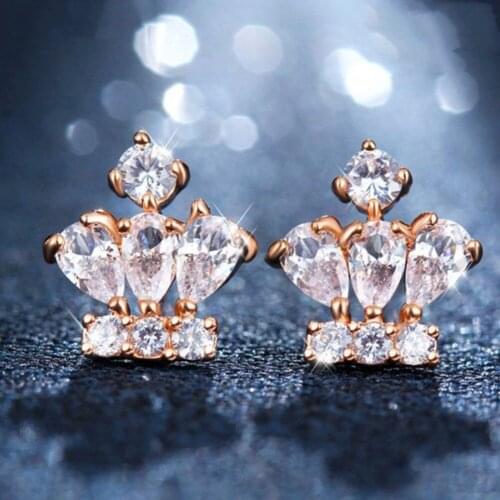Simple Crown Stud Earrings Crystal Silver Plated Rose Gold Stud Earrings Womens Ball Dinner Party Jewelry Valentines Day Gift