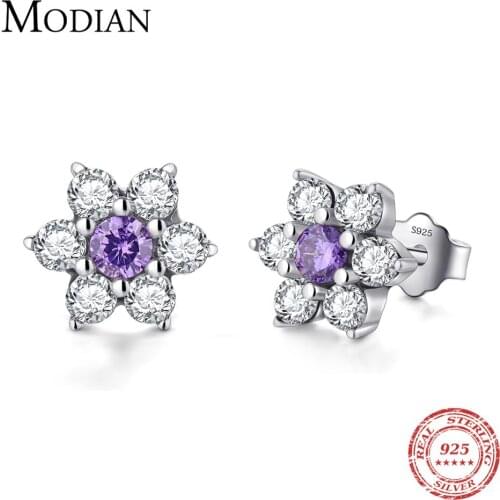 Modian High Quality 100% 925 Sterling Silver Flower Purple Crystal Stud Earrings Fashion CZ for Women Wedding Jewelry Gift