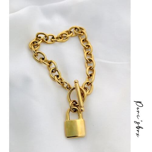 Perisbox Lock Chunky Chain Bracelets Toggle Clasp Geometric Bracelets for Women Titanium Steel Chic Gold Bracelet Minimalist