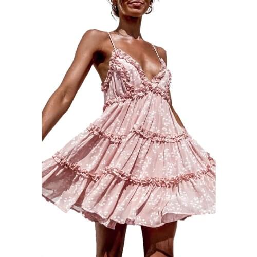 Women Spaghetti Strap Swing Dress, Sexy V Neck Backless Floral Print Ruffle Trim Mini Short Dress