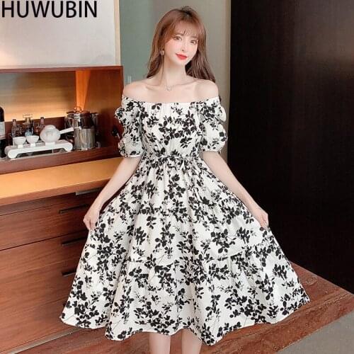 2021 New Summer Dress Womens Unique One Line Collar Ancient Small Print Dress Loose Over The Knee Waist Floral Fashion Dress