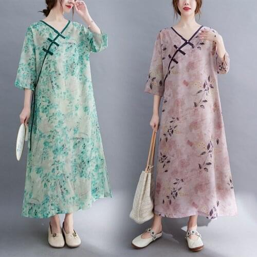 2021 chinese traditional cheongsam women cotton and linen casual qipao dress short-sleeved design floral printing qipao dress