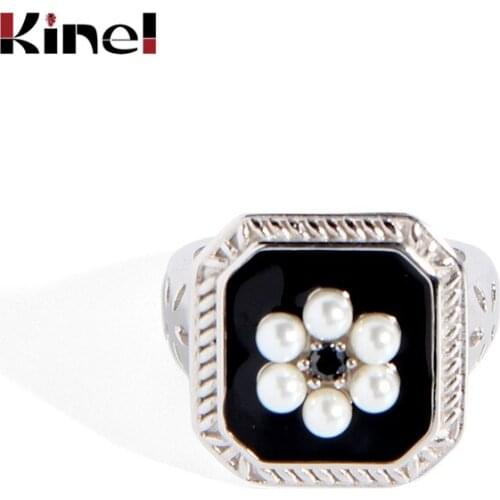 Kinel Authentic 925 Sterling Silver Square Vintage Rings For Women Plated Platinum Jewelry Enamel Pearl Silver Ring 2020 New