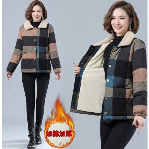 Winter New Middle Aged Mother Grid Printing Cotton Coat Plus Velvet Thicken Ladies Coats Single-Breasted Loose Womens Jacket